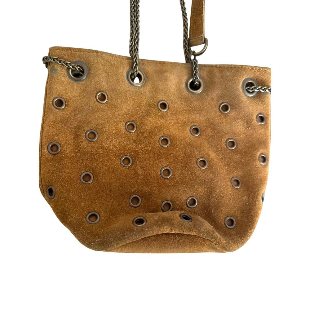 Vintage Karl Marc John Camel Suede Grommet Chain Shoulder French Boho Purse - Picture 3 of 11